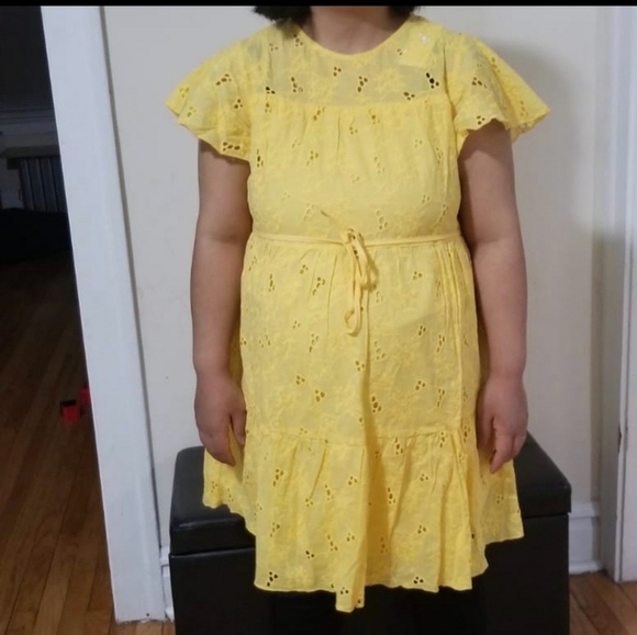 Simplee Summer Eyelet Lace Lined Mini Belted Dress in Yellow XL - Picture 3 of 13